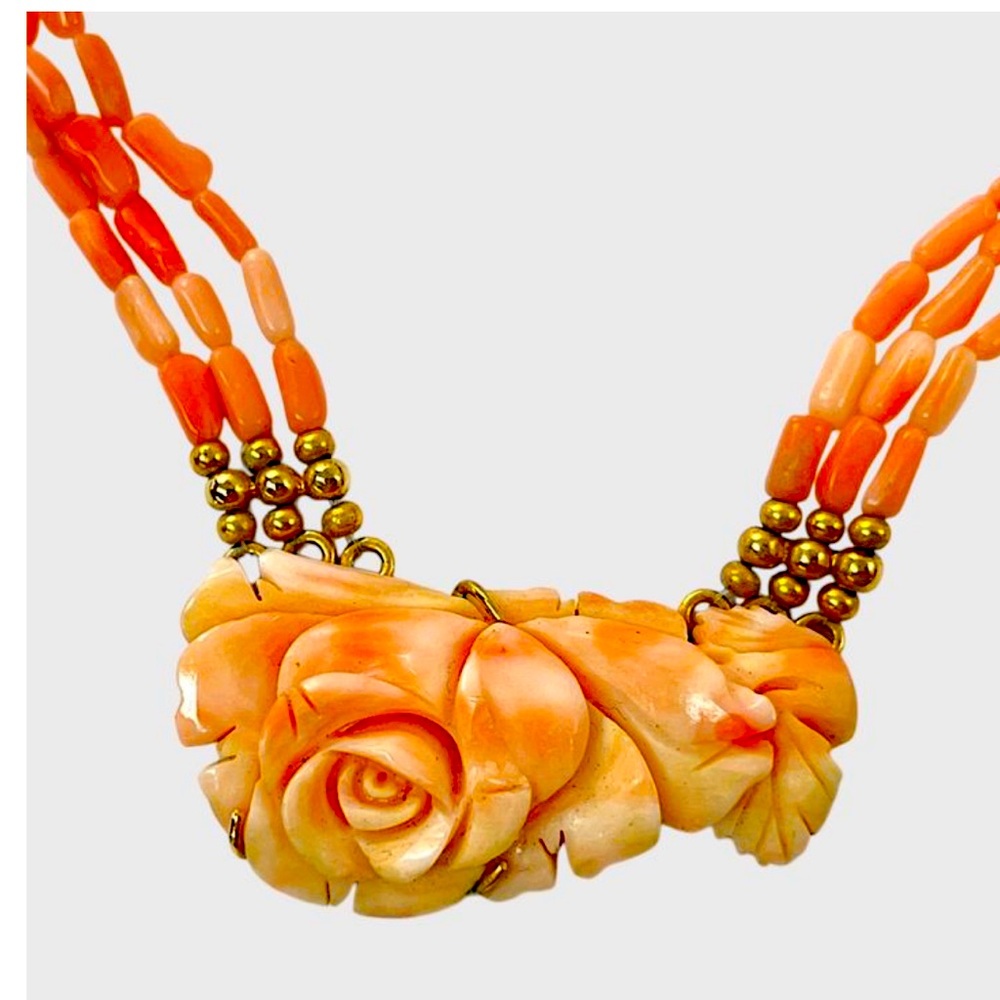Pink Angel Skin Coral &  Gold Necklace With Carved Flower Pendant Coral